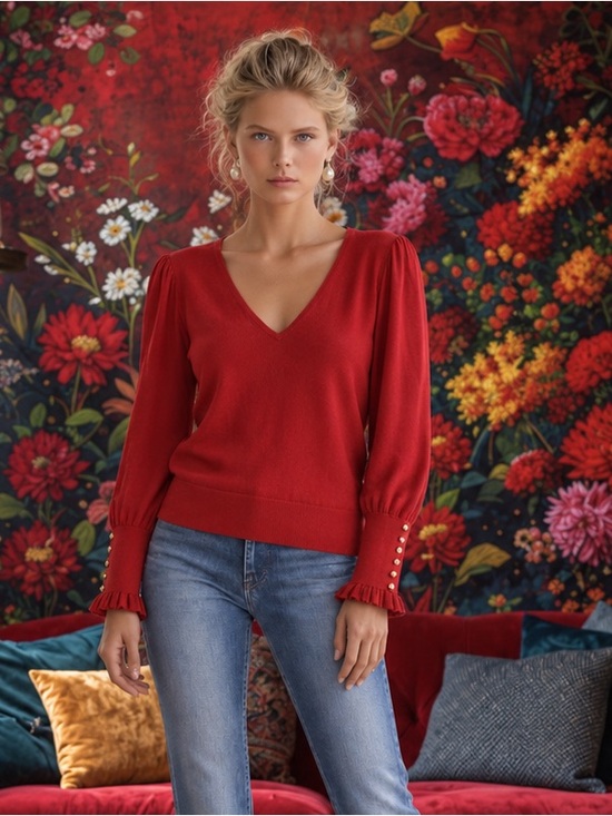 Lauren Ralph Lauren Sweaters - Lauren Ralph Lauren Red V Neck Sweater Gold Button Ruffle Cuff Large